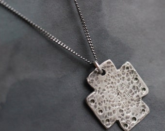 Sterling Silver Cross Pendant, Silver Cross Necklace, Rustic, Mission Cross, PMC Jewelry, 17 Inch, Sterling Silver Curb Chain
