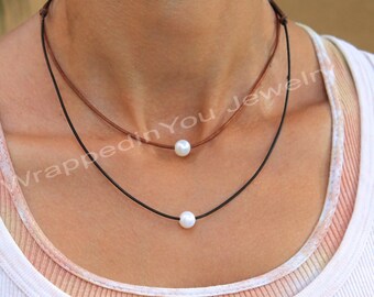 Leather Pearl CHOKER - Single Floating Large Freshwater Pearl Leather Choker Necklace - Lariat Closure - Pick COLOR / LENGTH - Usa - 998