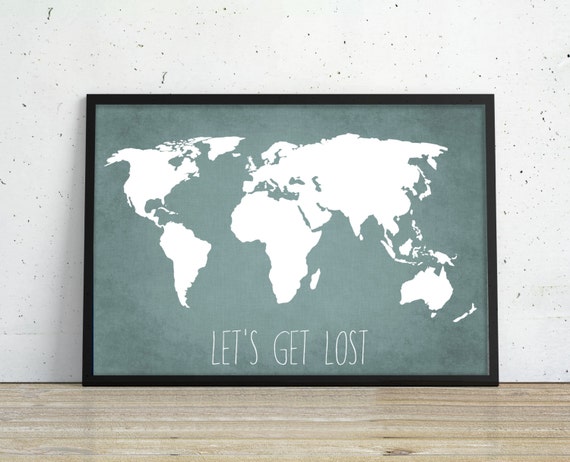 Travel Quote World Map Art Print Poster Let's Get by BySamantha