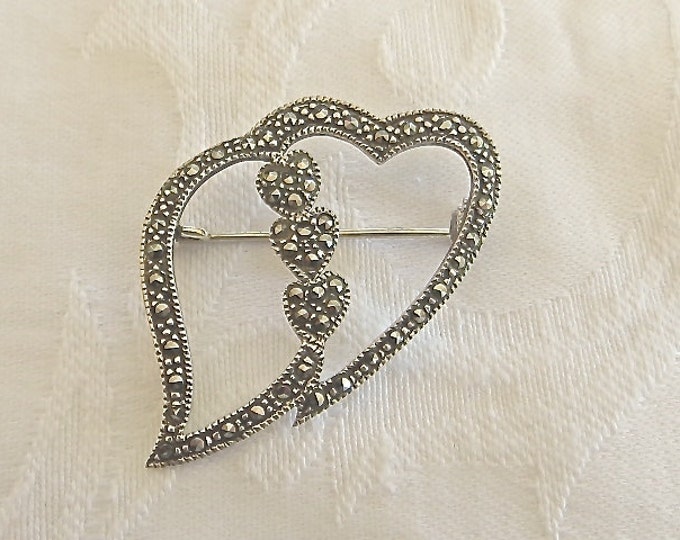 Sterling Heart Brooch Marcasite Double Hearts Modernist Vintage Heart Pin