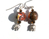 Red and Black Earrings, hand painted Indonesian beads, Swarovski crystals, Tulip shape charm