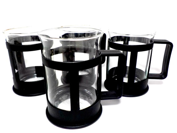 Set of 4 Black Resin Cup Mugs with Glass Inserts Black Modern