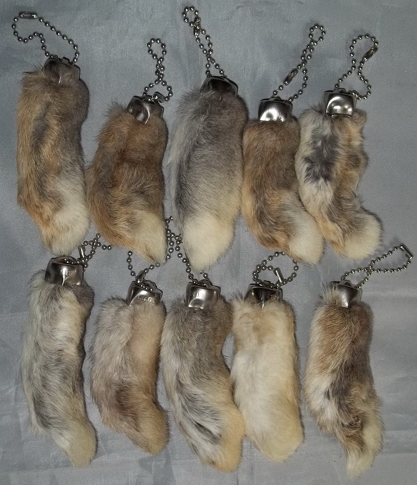 Set of 10 Natural Color Real Rabbit's Foot Keychains