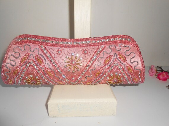 Pink Beaded Evening Bag Vintage Pink Purse Prom Glamorous