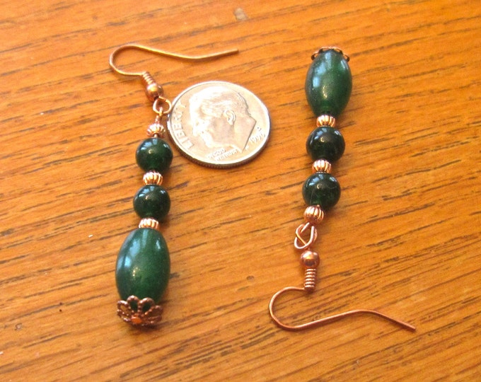 Emerald Gembead Earrings, Natural Emerald Gembeads, 2" Long, All Pure Copper E244