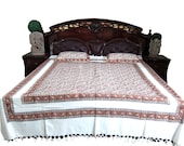 indian bedspreads kalamkari Pillowcases Handloom Cotton Bedroom Coverlet  red /rust/ivory  3pc Set