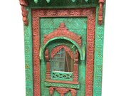 Antique Indian arched Mirror Frame Jharokha Wall Decor red Green patina  asian decor accessories