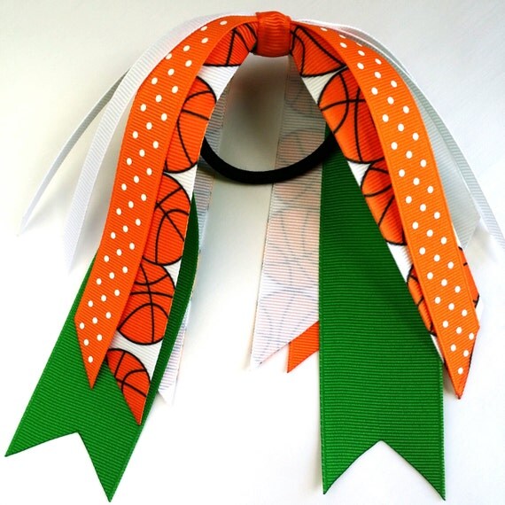 Items similar to Green and orange basketball hair streamers, ponytail holder ribbon, basketball