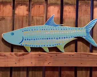 Whimsical blue silver yellow turquoise tarpon wall art nautical fishing ...