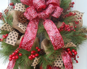 THANKSGIVING SALE Christmas Wreath, Deco Mesh Christmas Wreath, Western ...