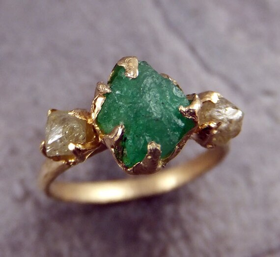 Three raw Stone Diamond Emerald Engagement Ring 14k Gold