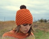 Knit hat, pom pom beanie, winter hat, burnt orange