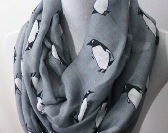 Gray Penguin Infinity Scarf, Animal Printed Scarf, Penguin Scarf, Cute Scarf, Fall Scarf, Winter Scarf, Large Scarf, Christmas Gift, For Her