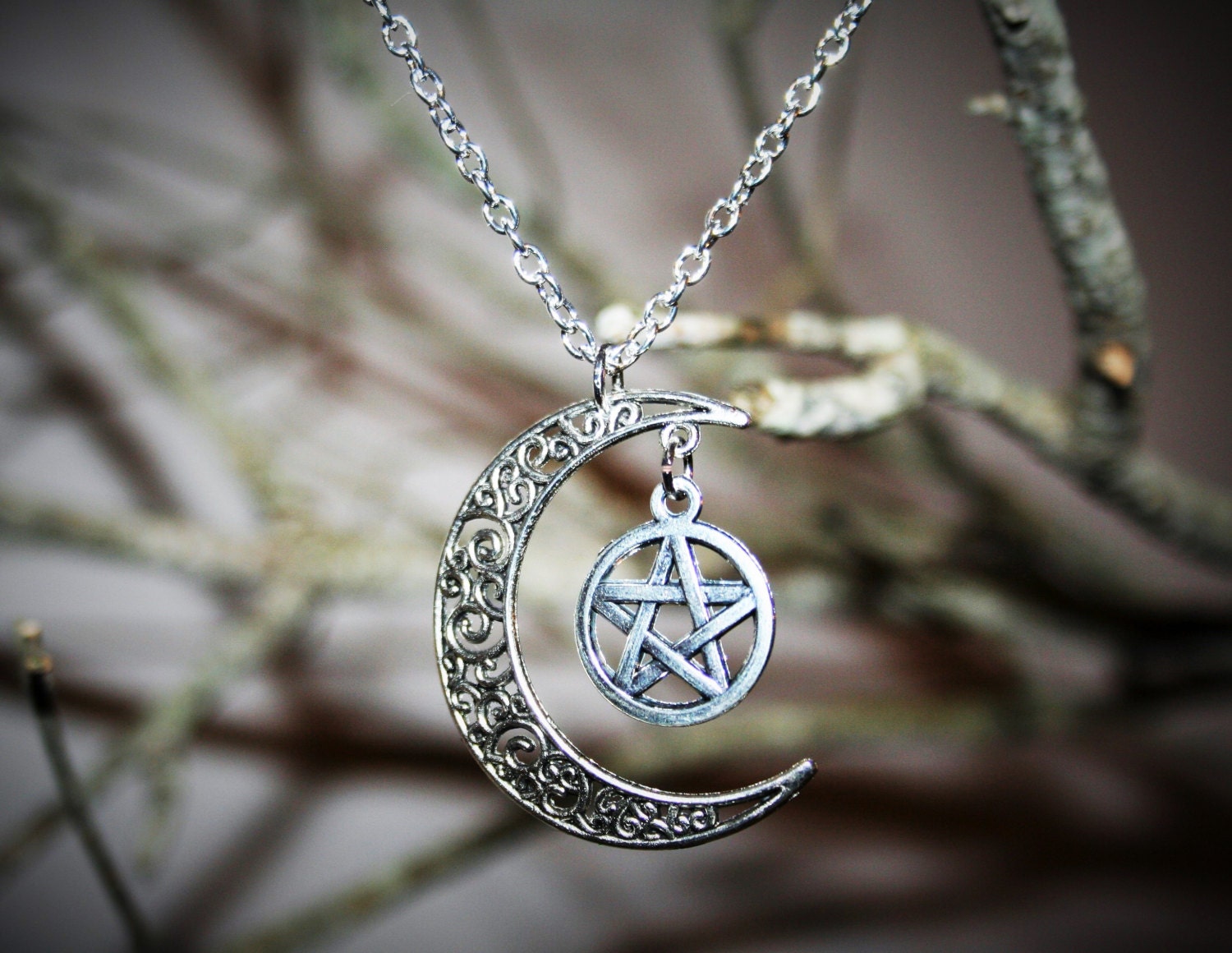 Moon and Pentacle Necklace Wiccan Jewelry Occult Jewelry