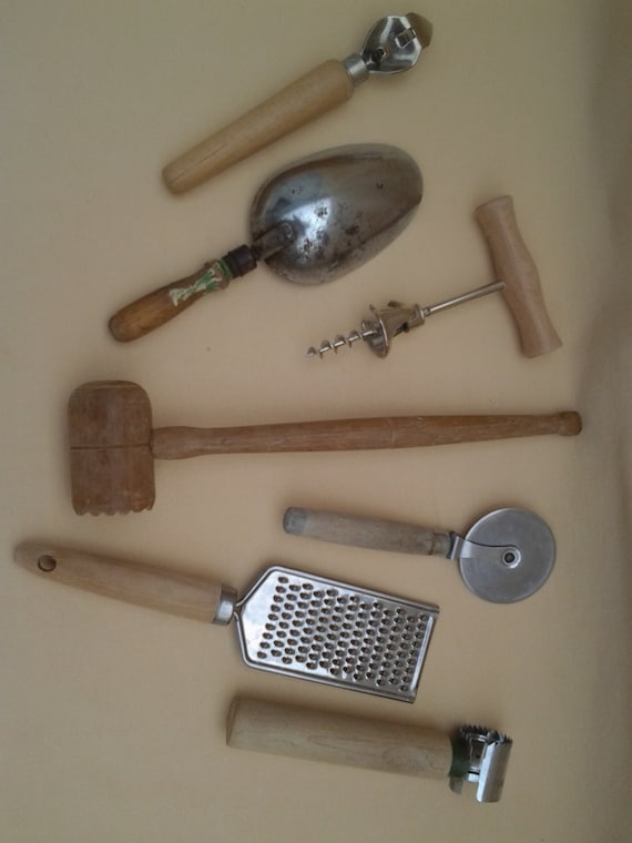 Vintage Rustic Wood Handle Kitchen Tools by