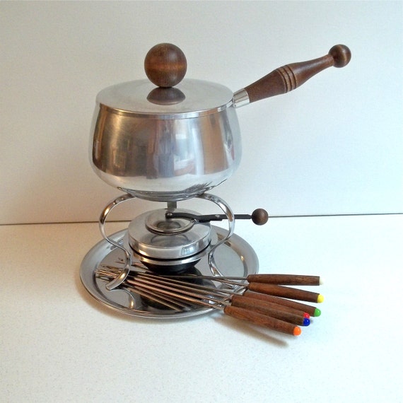 Fondue Pot / Metal Fondue Pot with Forks and by VintageVoracity