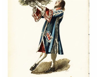 Antigue French Costume Print -Un valet le portait, marchant a pas comptes, Comme un recteur suivi des quatre facultesOriginal Dated 1873