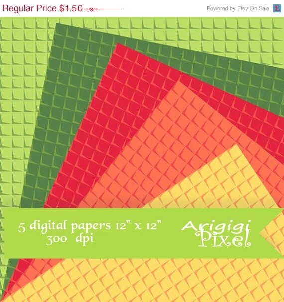 Spring SALE 50 % OFF instant download, digital collage sheet, bright autumn colors, geometric patterned scrapbooking paper,red, green, orang Il_570xn