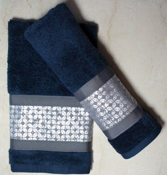 Custom bathroom collection dark blue 2pc cotton hand towel set