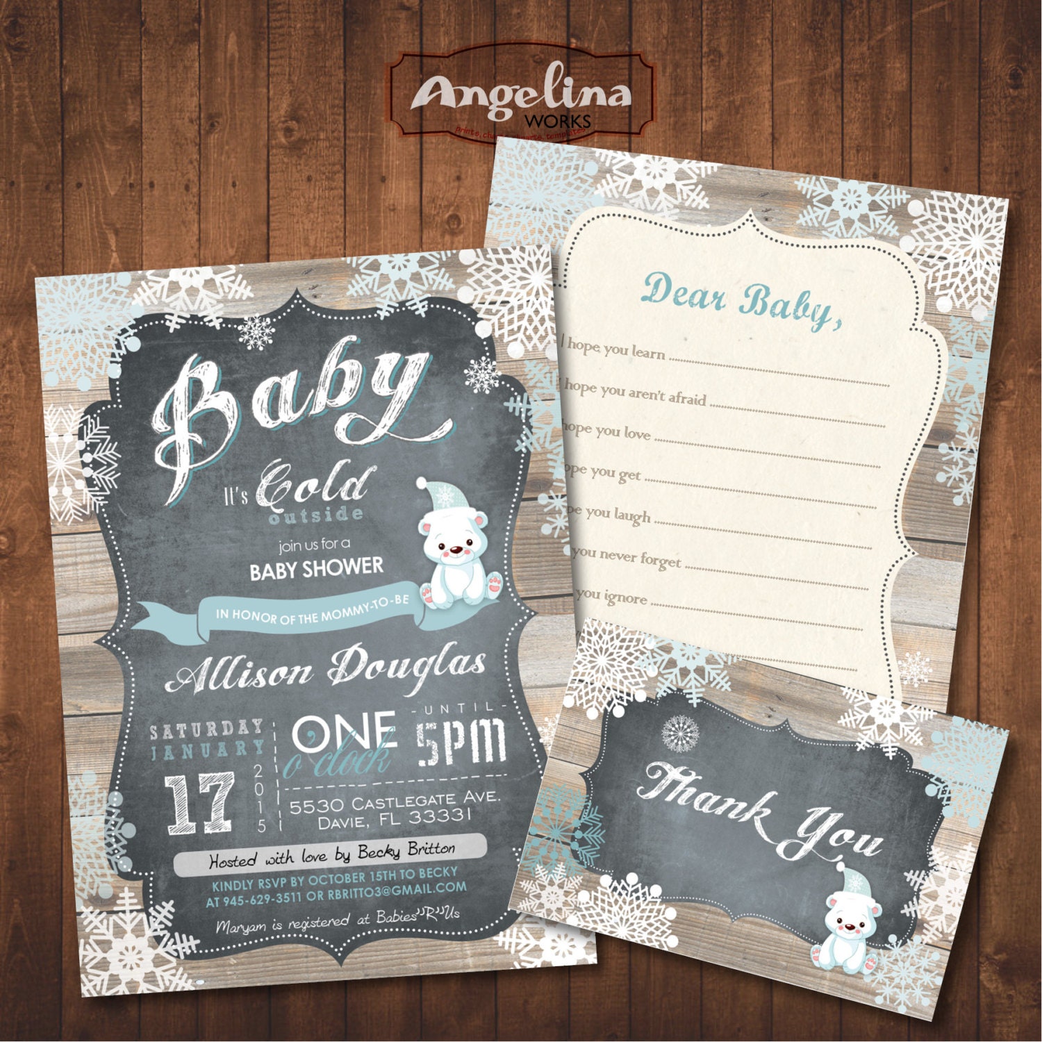 Winter Baby Shower Invitation Pack Chalkboard. Polar Bear.