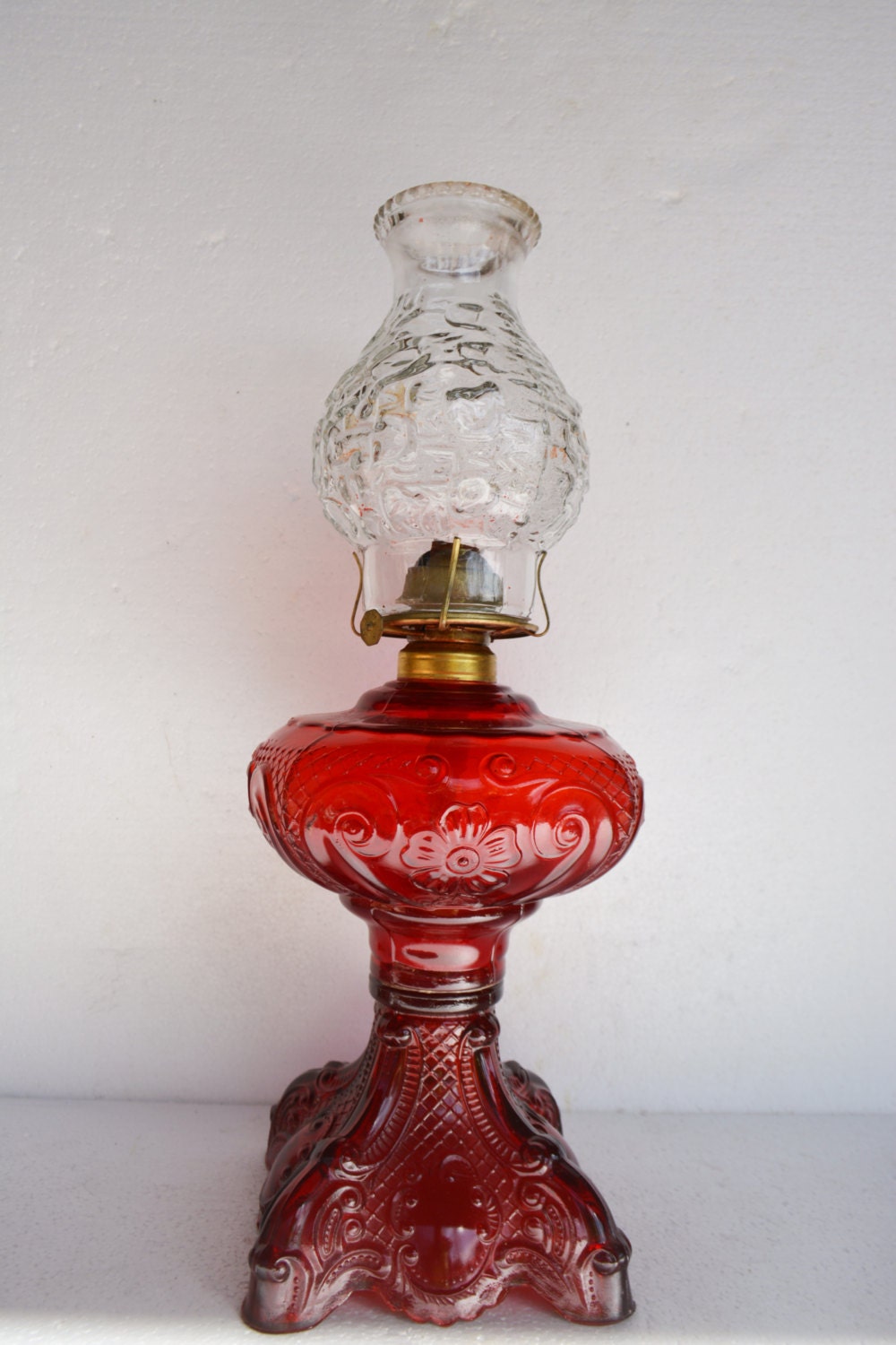 Vintage Glass Ruby Red Oil Lamp Princess Feather Oil Lamp