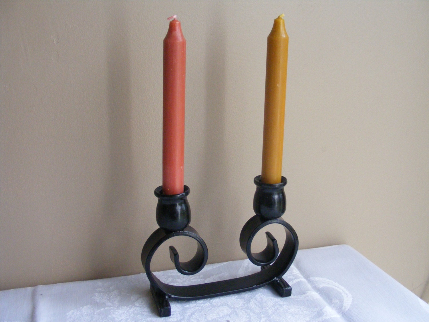 Handmade double scroll candle holder