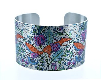 Fox jewellery cuff bracelet, brushed silver wide metal bangle with woodland animals. Fox lovers gift. C191