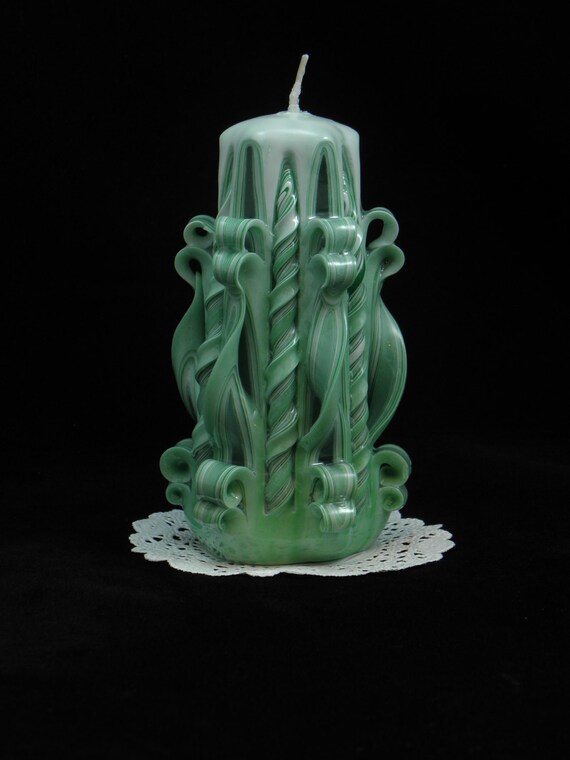 Hand Carved Candle Mint Green and White Straight Twist
