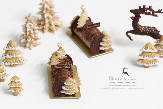 Chocolate Yule Log with Christmas Tree Cookies Dollhouse