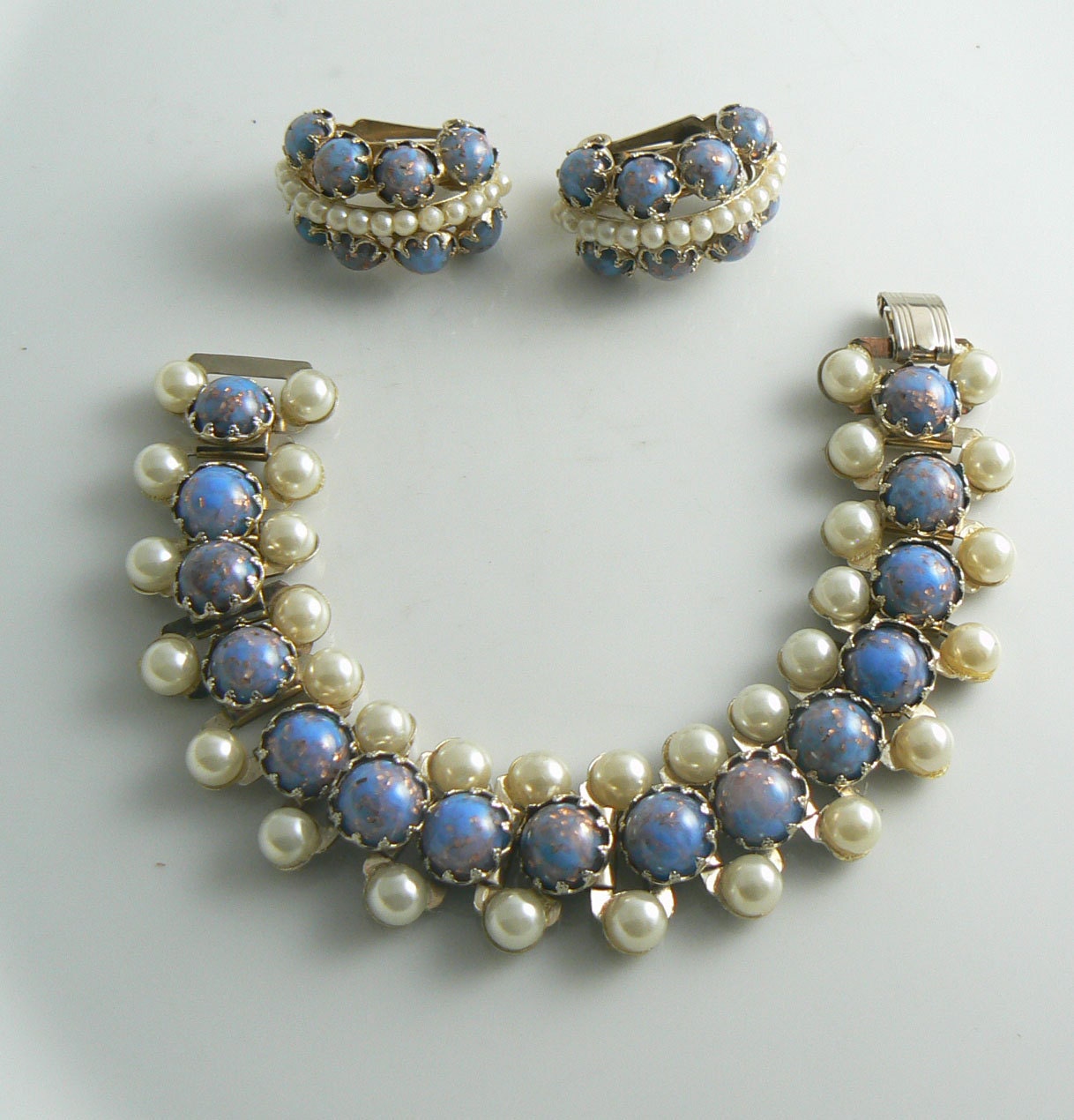 Blue Confetti Glass Bead Faux Pearl Bracelet Earring Set
