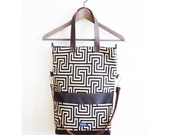 Large fold over canvas tote bag shopping bag casual fold over tote school bag gray greek labyrinth pattern book bag leather straps for women