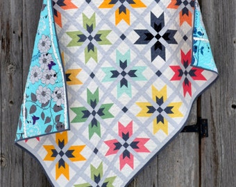 WoW-E Quilt Pattern, PDF, instant download, modern patchwork, KONA Solids, blue, grey, pink, green, orange, black, yellow, white.