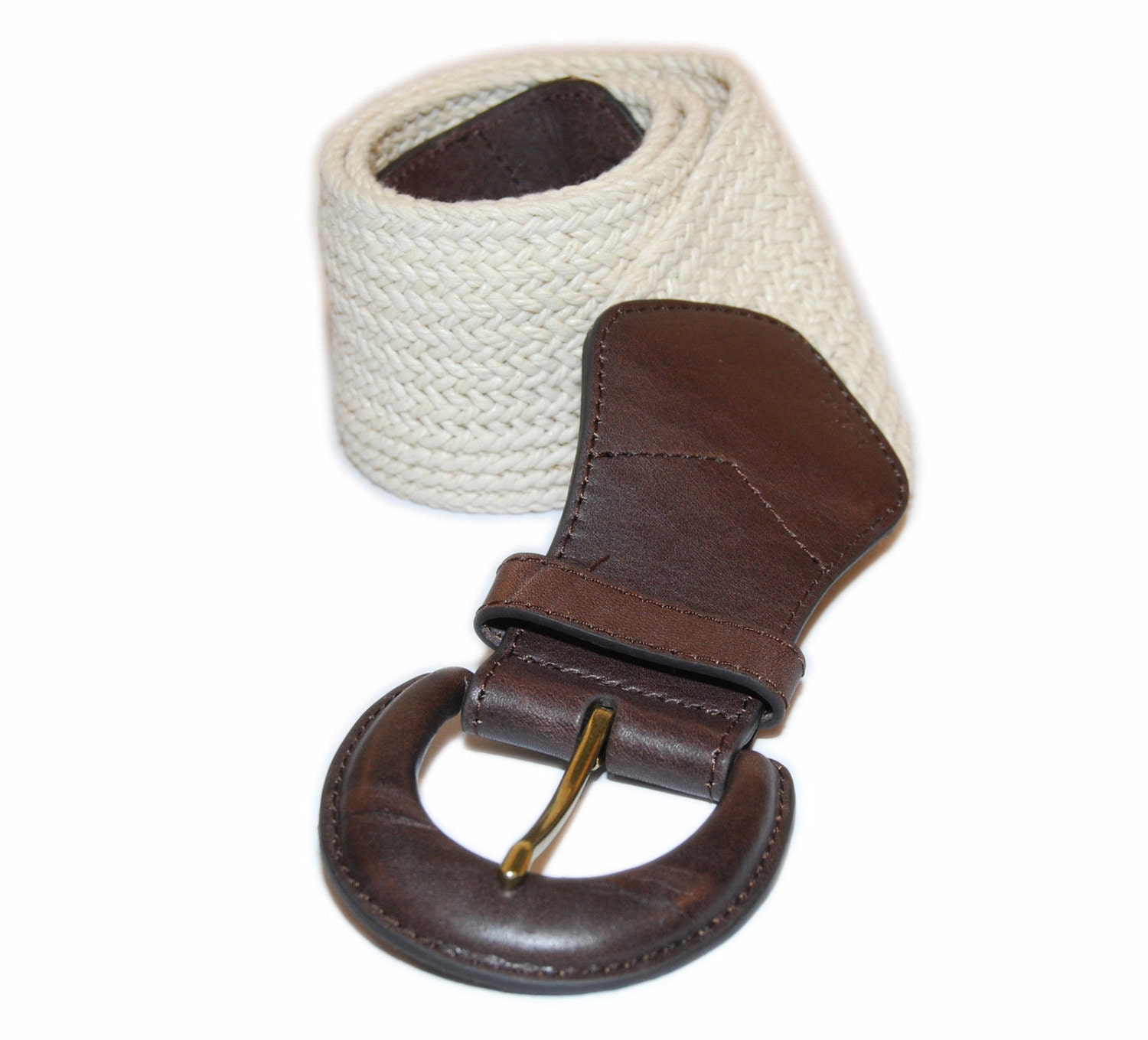 Preppy Chic Ralph Lauren Collection Rugby Womenâs Woven Knit Leather Wide Dress Belt Brown Cream 