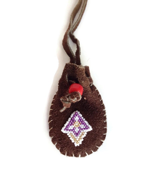 Small Leather Medicine Bag with Beadwork Necklace