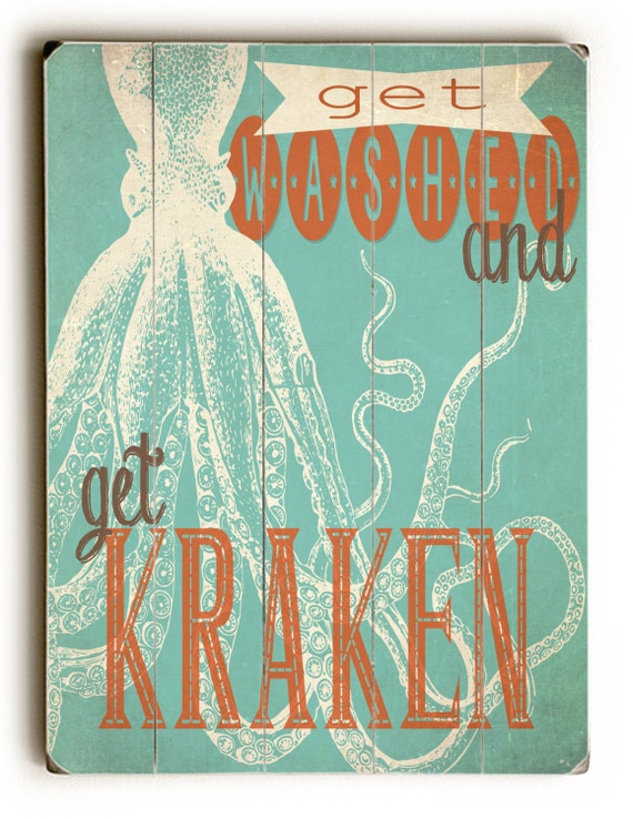 Wooden Sign, Kraken Wall Decor, Bathroom Decor, Inspirational Sign, Vintage Sign, Wall Art, Distressed Wood Sign, teal, Bathroom Art