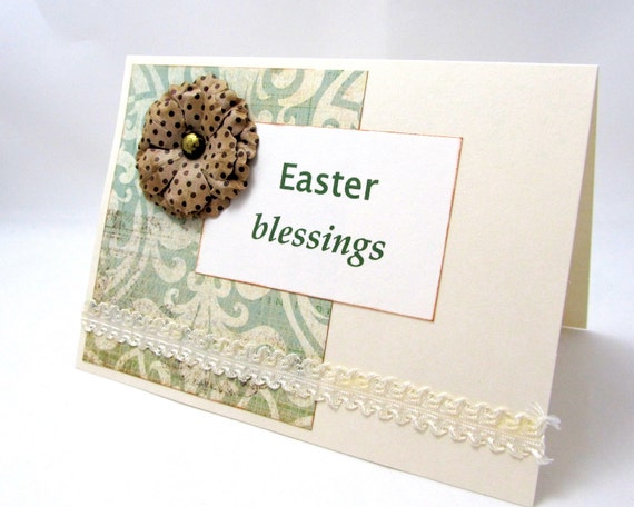 Easter Card - Easter Blessings - Soft Colors - Ivory and Green - Shabby Chic Flower - Blank Card - Simple yet Elegant Style