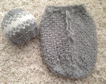 Newborn knit swaddle snuggle sac and beanie hat