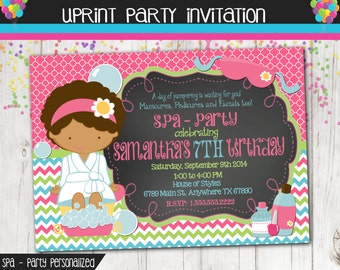 Spa Party Invitation - Spa Party Birthday - Girls Birthday Party Invitation - Chevron- Chalkboard