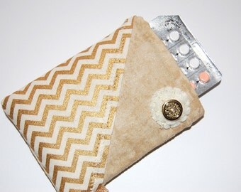 Pill Pouch, Pill Case, Pill Sleeve, Small Pill Sleeve, Birth Control Sleeve, Chevron Sleeve, Gold Pill Case, Birth Control Case