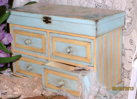Shabby Chic Jewelry Cabinet-Vintage Storage Cabinet-Shabby-Distressed-Trinket Box-Upcycled-4 Drawer Cabinet