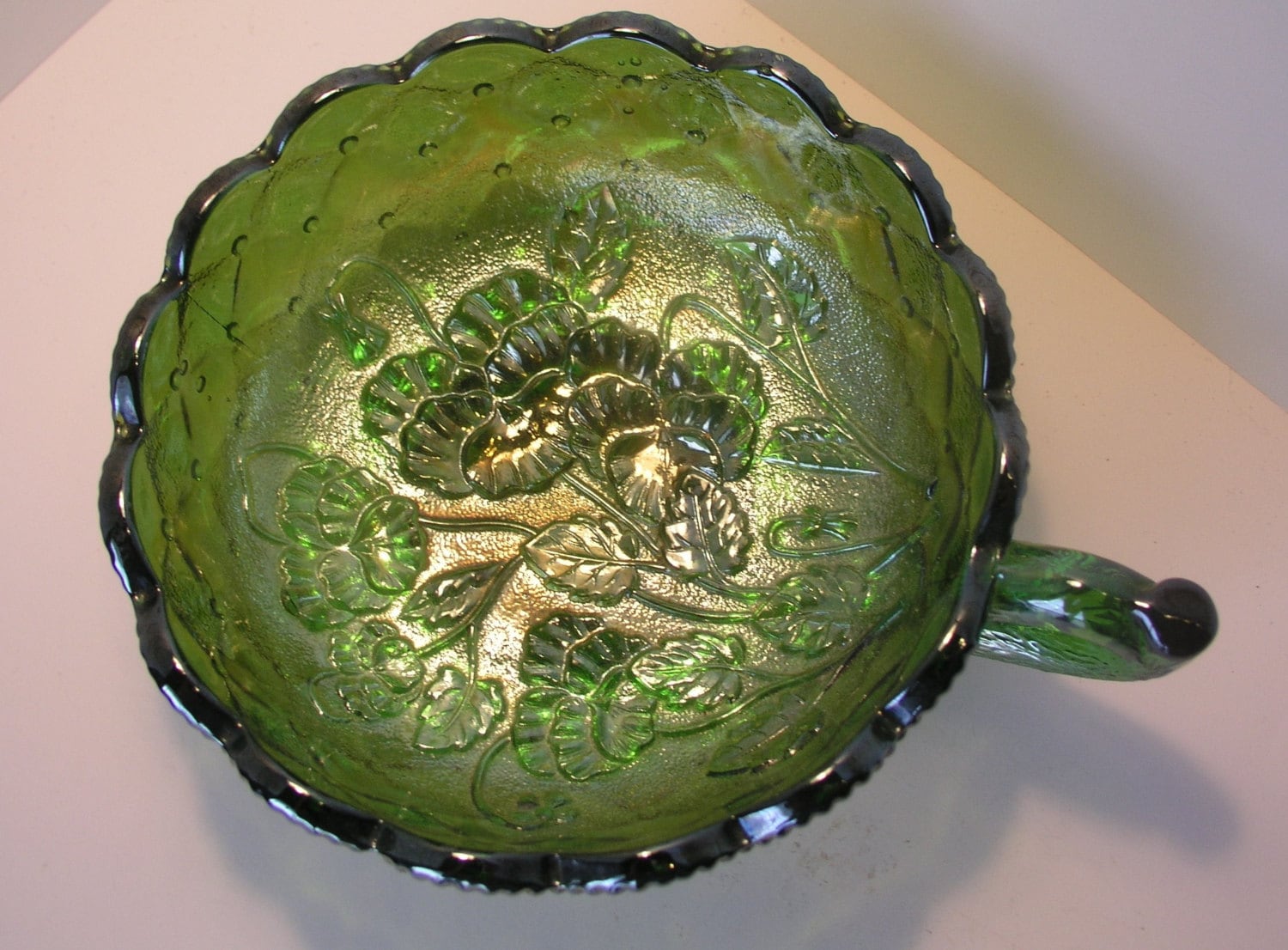 Iridescent Green Carnival Glass Handled Bowl