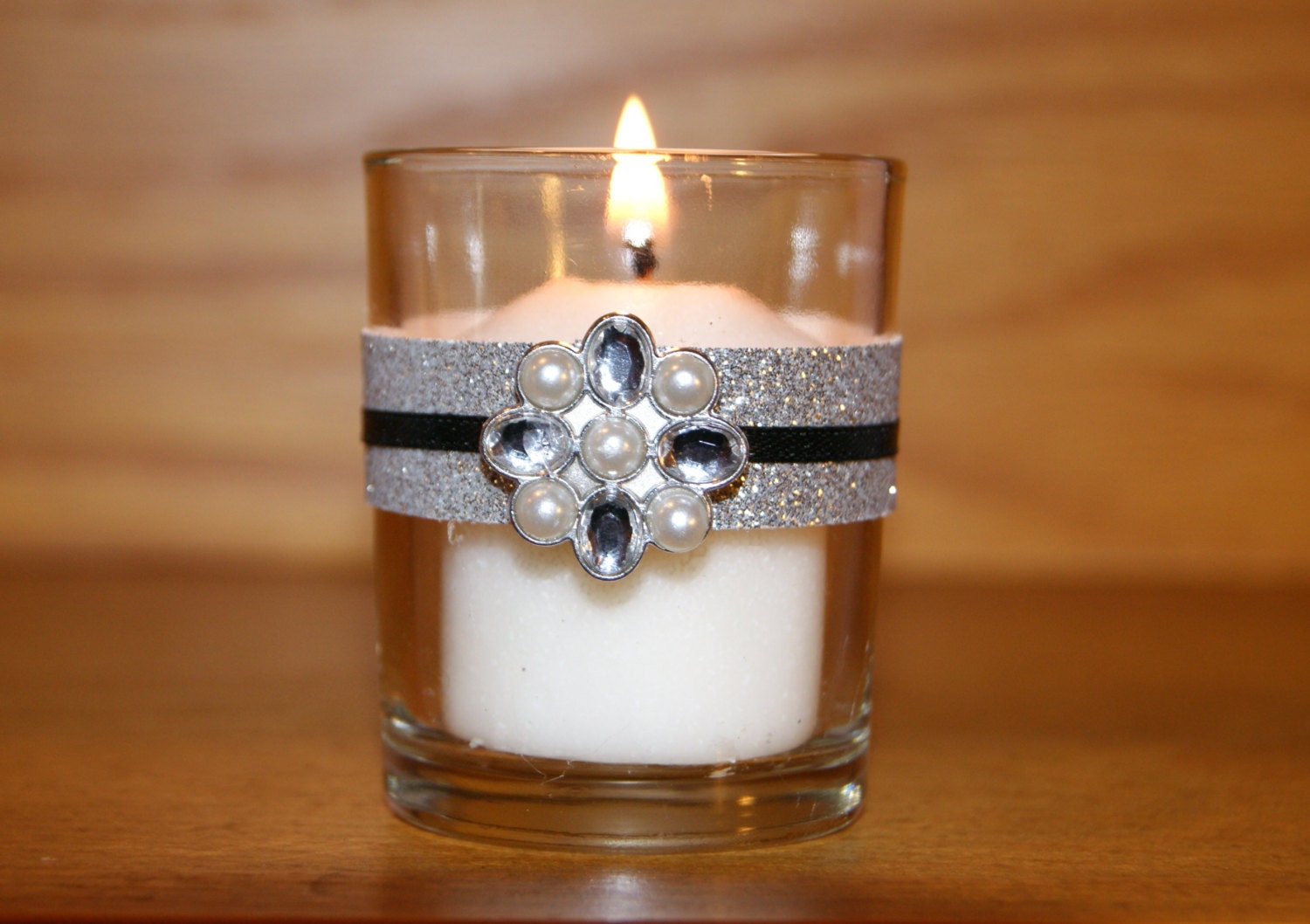 Art Deco Wedding / Silver Glitter Votive Candle Holder / Black
