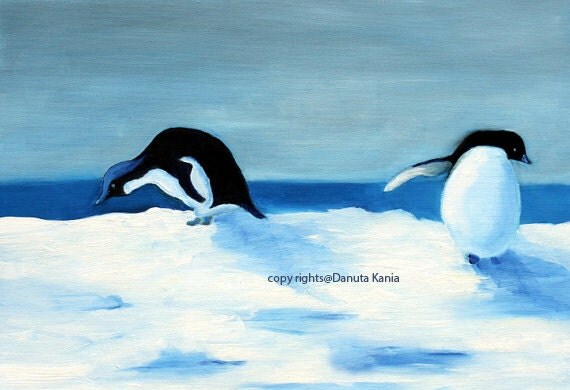 SALE. Oil Painting of Penguins on Snow. Oil Painting on