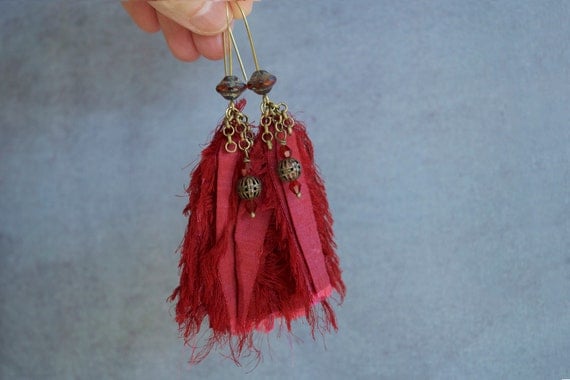 cranberry sari silk earrings with Czech glass saturn bead
