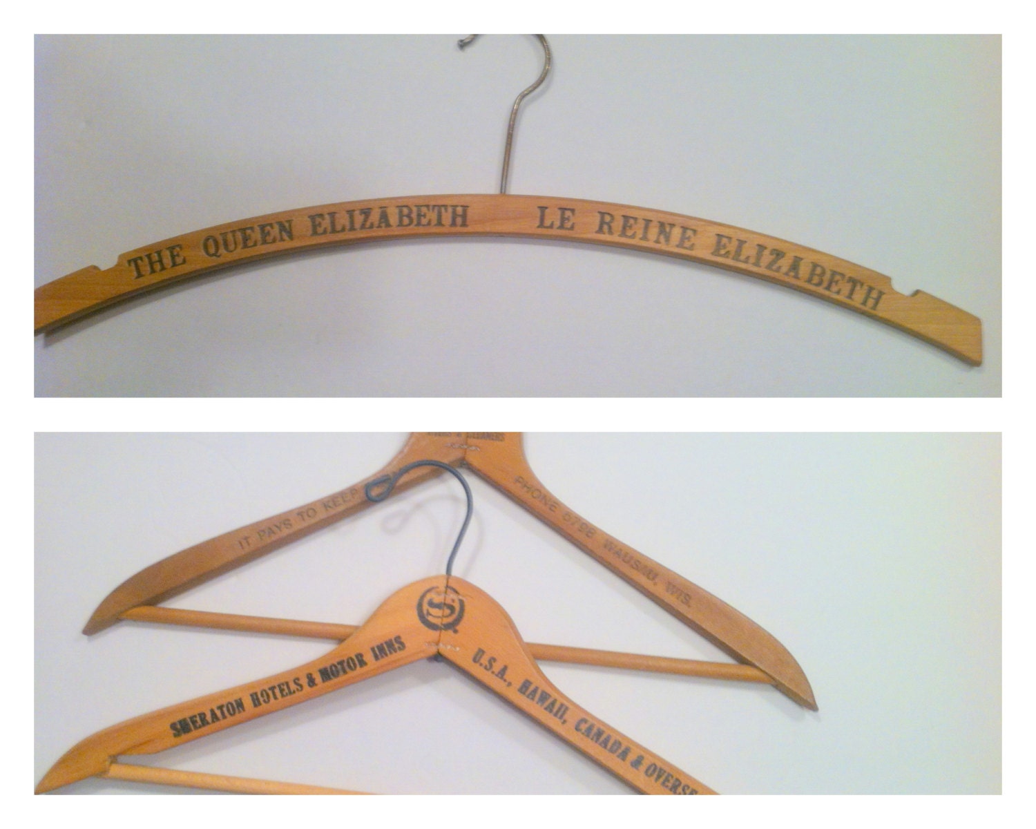 Vintage Advertising Wooden Hangers Sheraton Hotels, The Queen Elizabeth