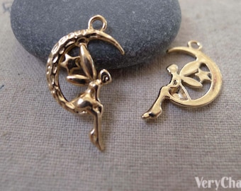 20 pcs Rose Gold Tone Fairy Angel On Crescent Moon Charms Pendants A7413