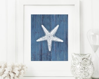 Starfish Art Print Rustic Nautical Blue Wood Look Starfish Art Print Rustic Nautical Blue Wood Look