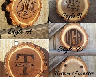 Coasters, Personalized gift, monogrammed gift, rustic wood coaster, custom wood coasters, tree slice coasters, gift for Dad, Gift for Mom