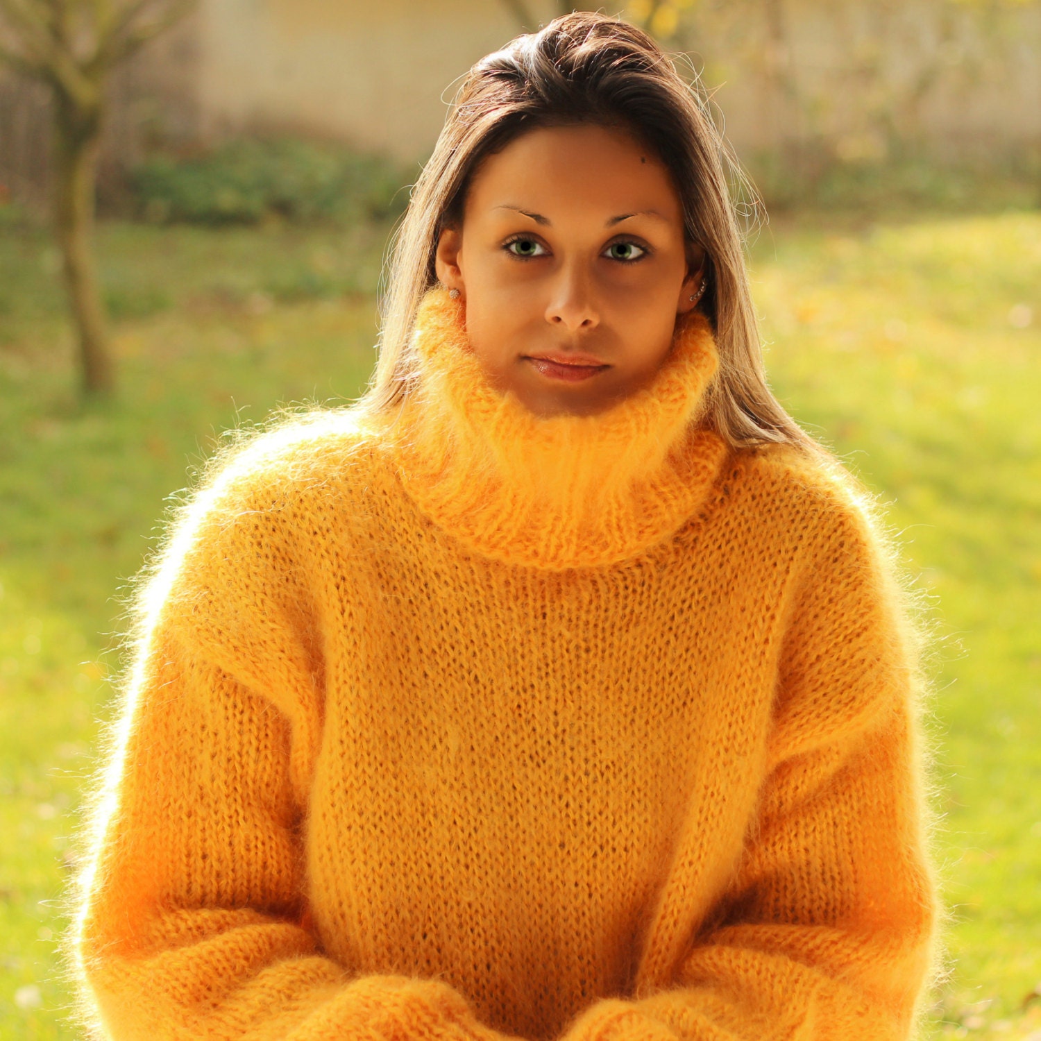 Hand Knit Mohair Sweater Yellow Fuzzy Turtleneck by EXTRAVAGANTZA
