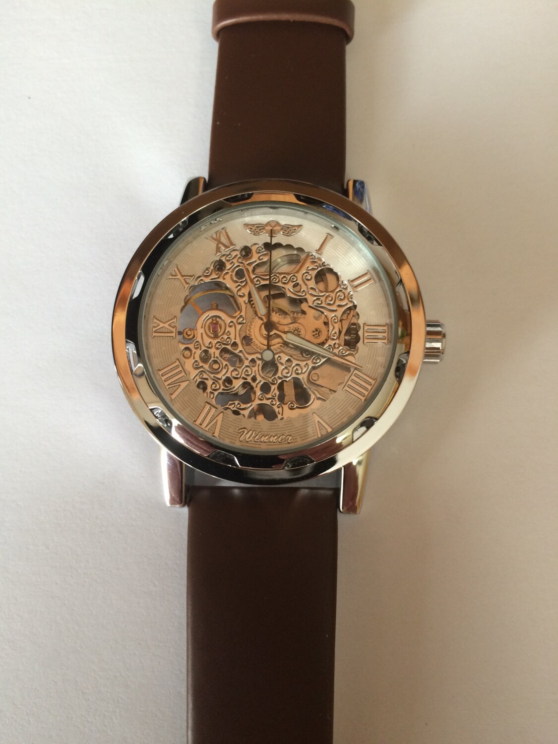 Men's Steampunk Mechanical Skeleton Wrist Watch with White Face and Brown Leather Watch Band -Groomsmen and Wedding Gift